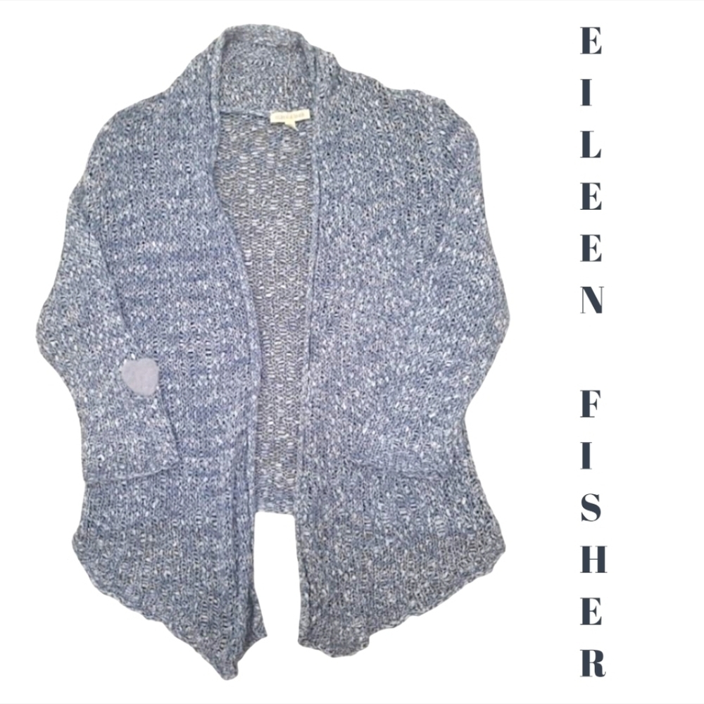 Eileen Fisher Gray-Blue Open Front Knit Cardigan Heart on Sleeve Size XS
